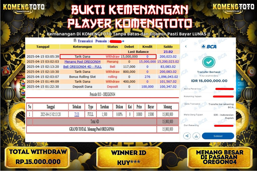 LAGI & LAGI!! KEMENANGAN BESAR DI PASARAN OREGON04 SEBESAR Rp.15.000.000 KOMENGTOTO BAYAR LUNAS SECEPAT KILAT !! KOMENGTOTO BAYAR SECEPAT KILAT !!
