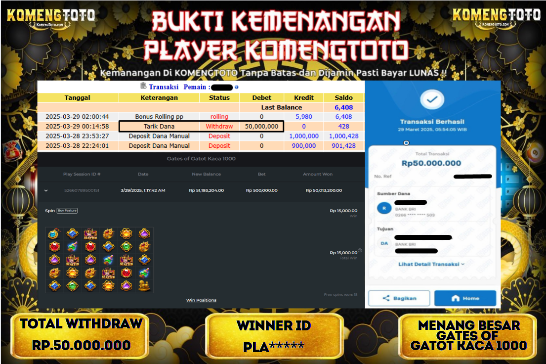 LAGI & LAGI!! KEMENANGAN BESAR DI SLOT  GATES OF GATOT KACA  1000  SEBESAR Rp.50.000.000 KOMENGTOTO BAYAR LUNAS SECEPAT KILAT !! KOMENGTOTO BAYAR SECEPAT KILAT !!