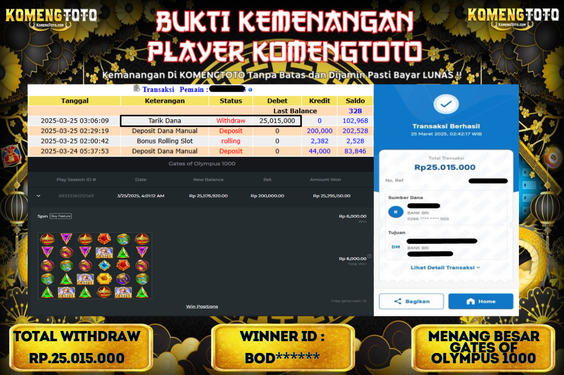 LAGI & LAGI!! KEMENANGAN BESAR DI SLOT  GATES OF OLYMPUS 1000  SEBESAR Rp.25.015.000 KOMENGTOTO BAYAR LUNAS SECEPAT KILAT !! KOMENGTOTO BAYAR SECEPAT KILAT !!