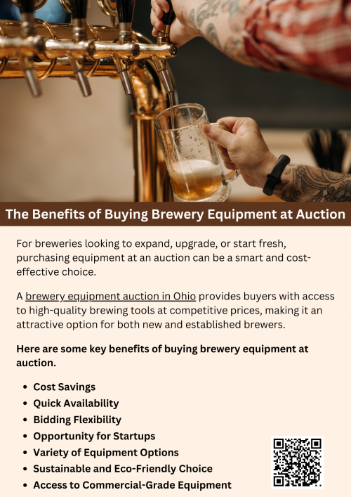 A brewery equipment auction in Ohio offers an excellent opportunity for breweries to acquire high-quality equipment at a reduced cost. Whether upgrading, expanding, or starting a new venture, auctions provide access to commercial-grade brewing tools with quick availability and sustainable benefits. By exploring auction opportunities, breweries can find the right equipment to support their production goals efficiently and affordably. To know more visit here https://www.wyethauctions.com/industries/brewery-equipment