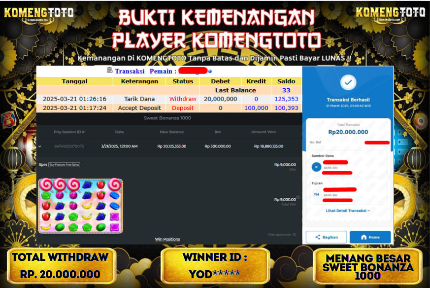 LAGI & LAGI!! KEMENANGAN BESAR DI SLOT SWEET BONANZA 1000  SEBESAR Rp.20.000.000 KOMENGTOTO BAYAR LUNAS SECEPAT KILAT !! KOMENGTOTO BAYAR SECEPAT KILAT !!