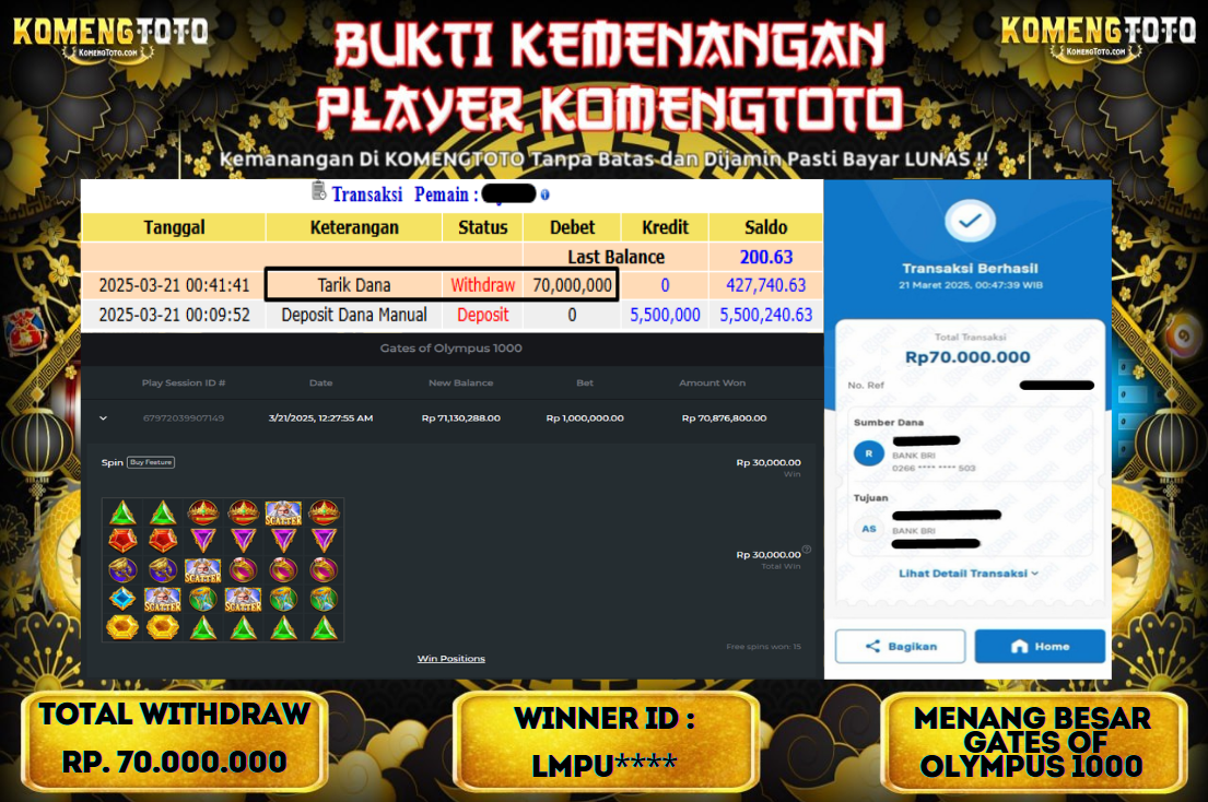 LAGI & LAGI!! KEMENANGAN BESAR DI SLOT  GATES OF OLYMPUS 1000  SEBESAR Rp.70.000.000 KOMENGTOTO BAYAR LUNAS SECEPAT KILAT !! KOMENGTOTO BAYAR SECEPAT KILAT !!