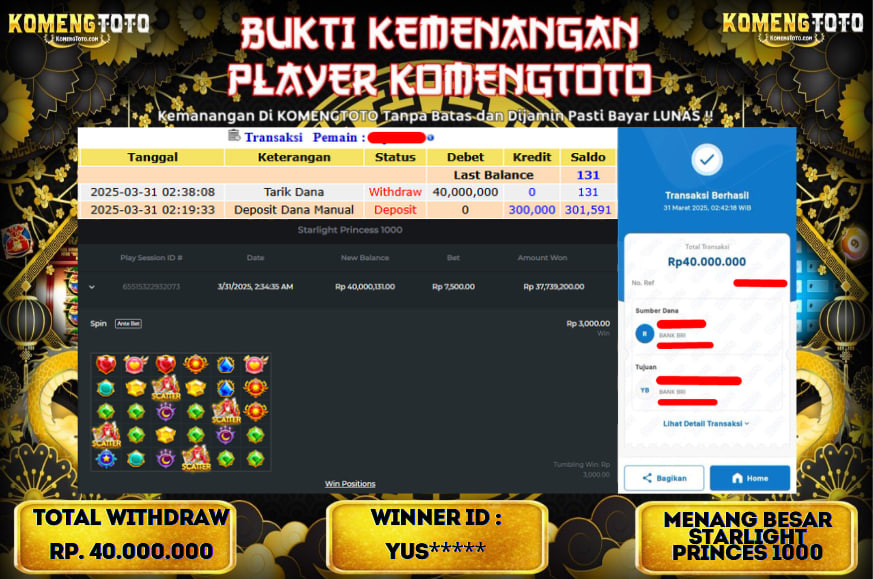 LAGI & LAGI!! KEMENANGAN BESAR DI SLOT  STARLIGHT PRINCES 1000  SEBESAR Rp.40.000.000 KOMENGTOTO BAYAR LUNAS SECEPAT KILAT !! KOMENGTOTO BAYAR SECEPAT KILAT !!
