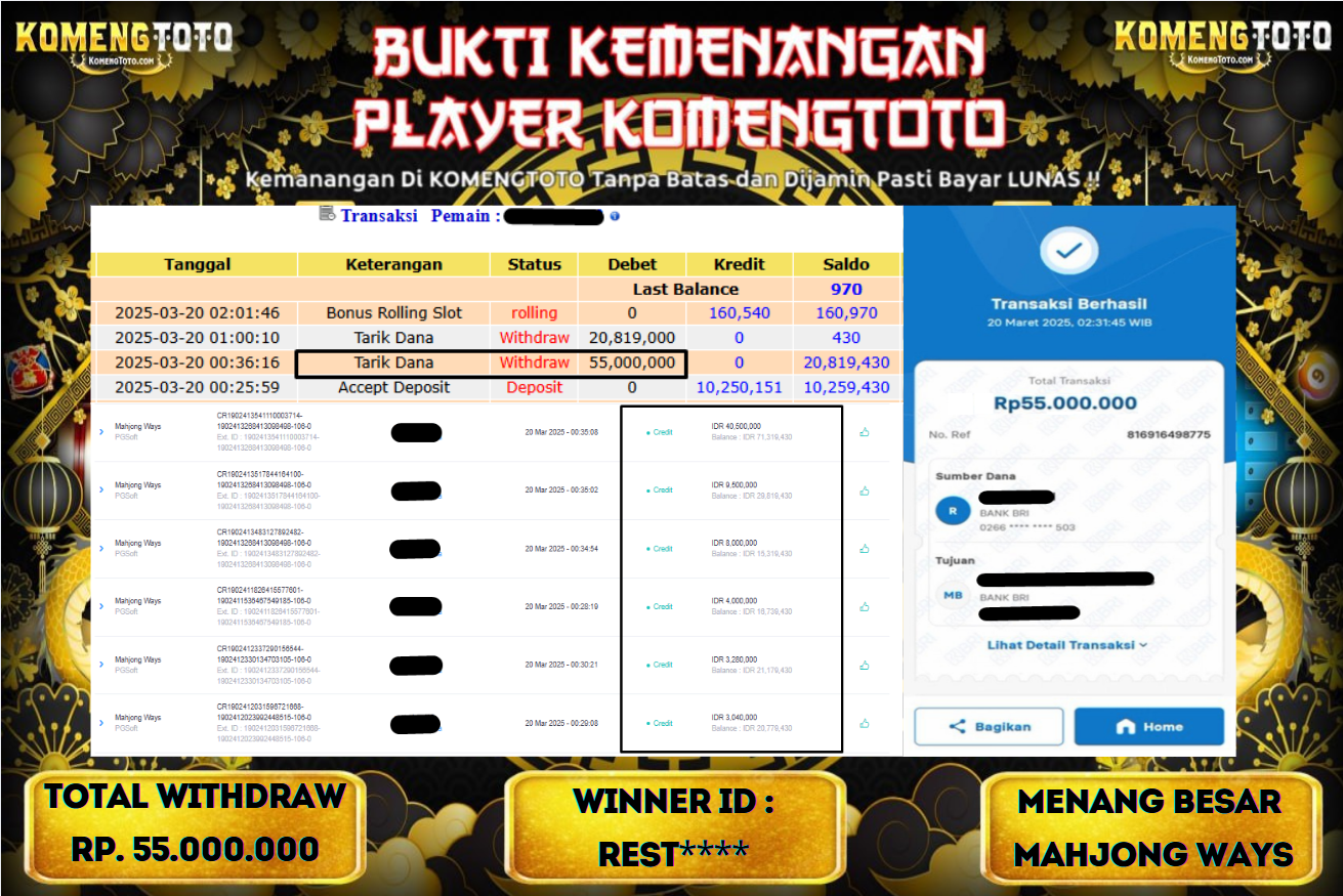 LAGI & LAGI!! KEMENANGAN BESAR DI SLOT MAHJONG WAYS   SEBESAR Rp.55.000.000 KOMENGTOTO BAYAR LUNAS SECEPAT KILAT !! KOMENGTOTO BAYAR SECEPAT KILAT !!