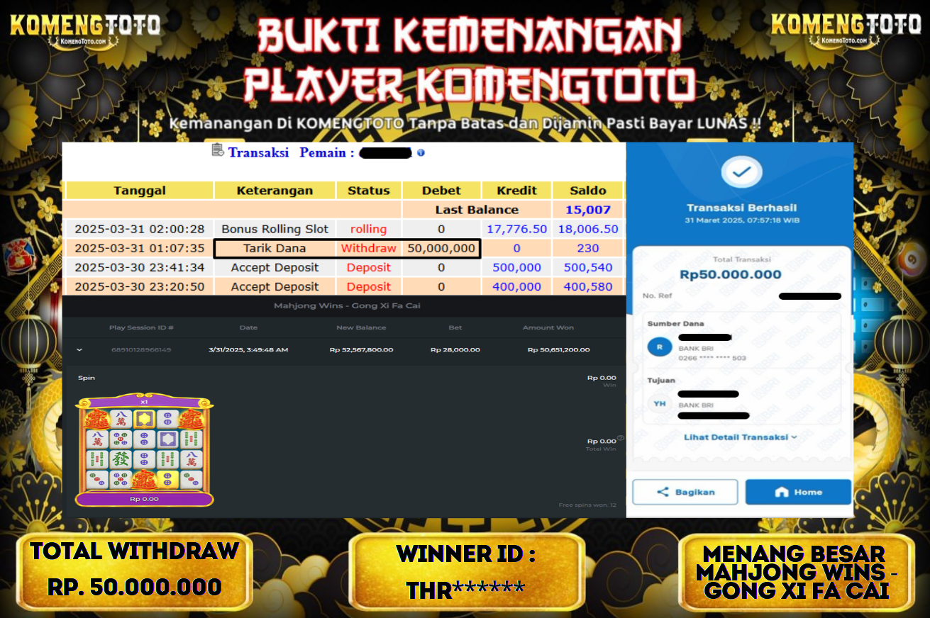 LAGI & LAGI!! KEMENANGAN BESAR DI SLOT  MAHJONG WINS GONG XI FA CAI N SEBESAR Rp.50.000.000 KOMENGTOTO BAYAR LUNAS SECEPAT KILAT !! KOMENGTOTO BAYAR SECEPAT KILAT !!