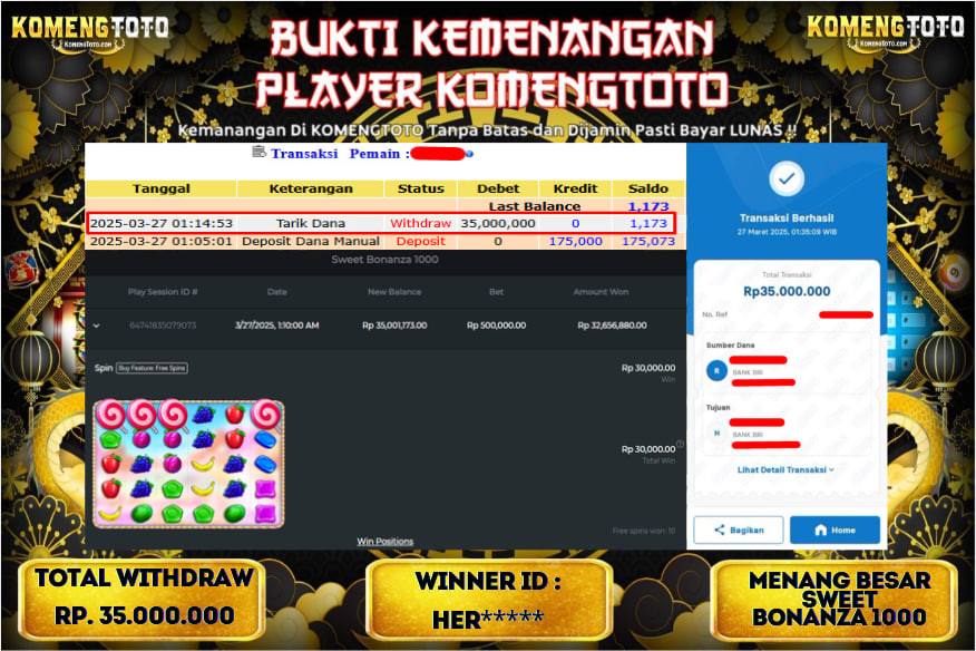 LAGI & LAGI!! KEMENANGAN BESAR DI SLOT SWEET BONANZA 1000  SEBESAR Rp.35.000.000 KOMENGTOTO BAYAR LUNAS SECEPAT KILAT !! KOMENGTOTO BAYAR SECEPAT KILAT !!