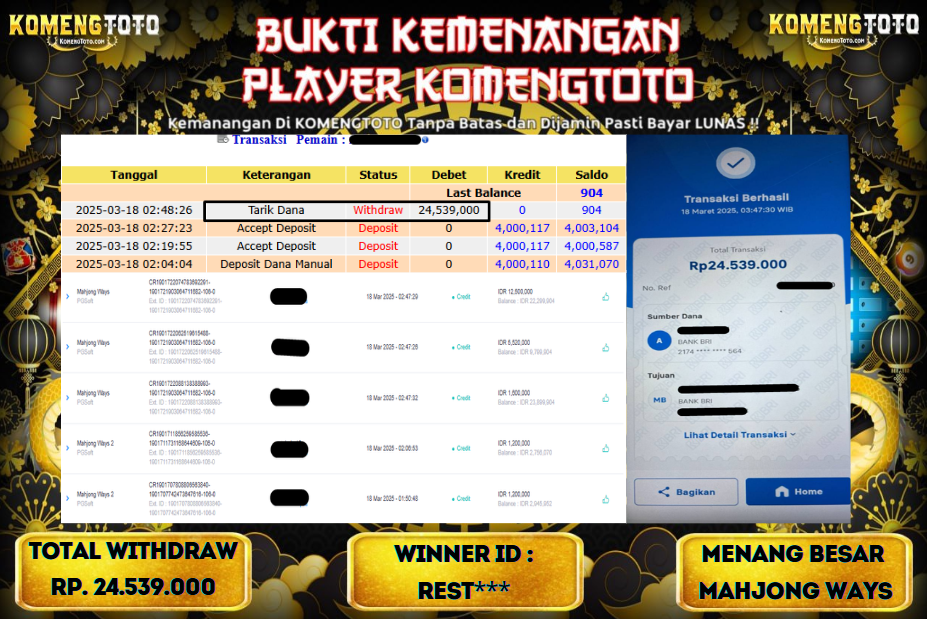 LAGI & LAGI!! KEMENANGAN BESAR DI SLOT  MAHJONG WAYS   SEBESAR Rp.24.539.000 KOMENGTOTO BAYAR LUNAS SECEPAT KILAT !! KOMENGTOTO BAYAR SECEPAT KILAT !!