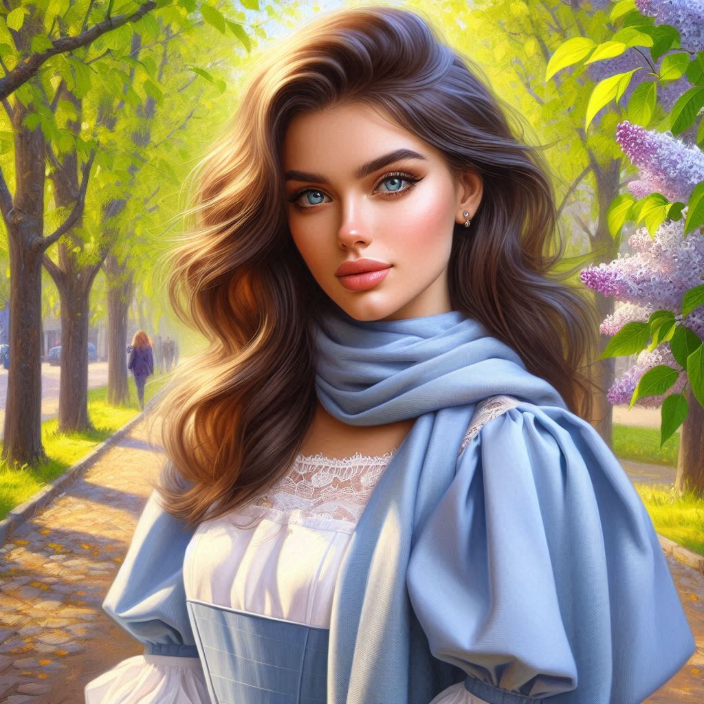 A Russian young woman with a stylish model hairstyle, brown haired, with expressive eyes, on a sprin