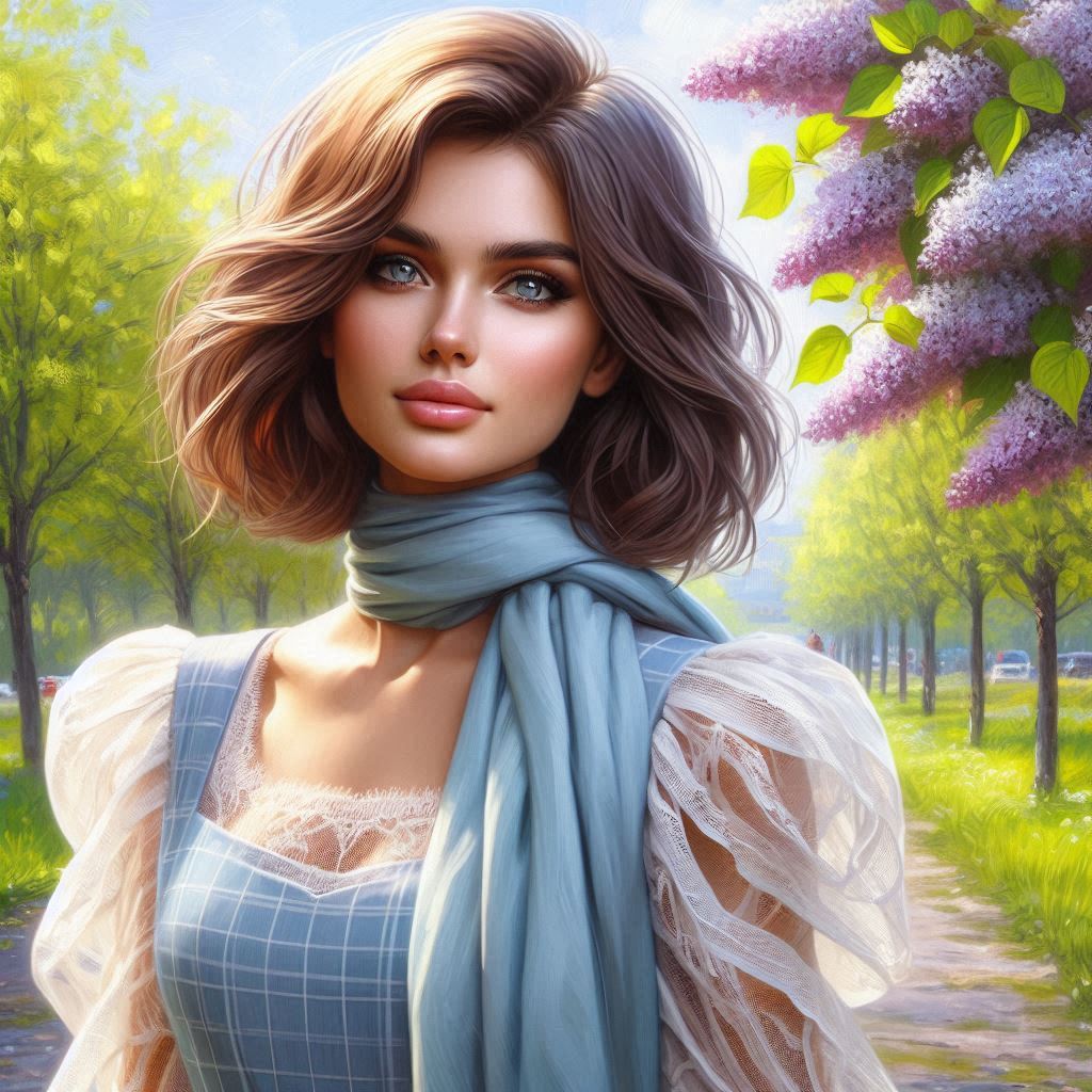 A Russian young woman with a stylish model hairstyle, brown haired, with expressive eyes, on a sprin