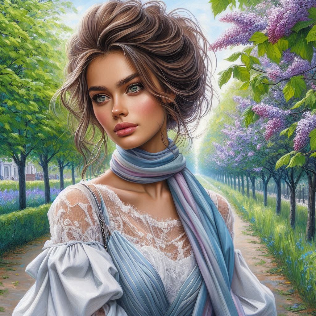 A Russian young woman with a stylish model hairstyle, brown haired, with expressive eyes, on a sprin