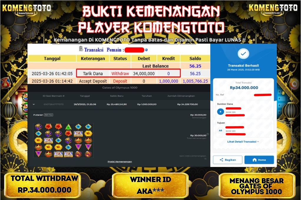 LAGI & LAGI!! KEMENANGAN BESAR DI SLOT  GATES OF OLYMPUS 1000  SEBESAR Rp.34.000.000 KOMENGTOTO BAYAR LUNAS SECEPAT KILAT !! KOMENGTOTO BAYAR SECEPAT KILAT !!