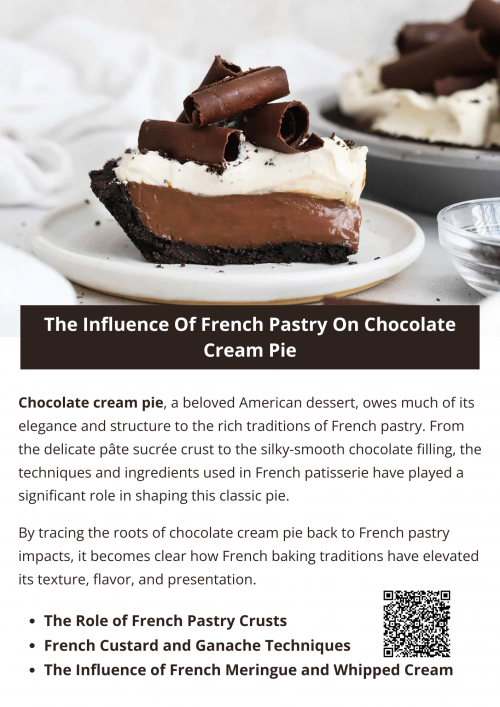 French pastry techniques have had a profound influence on the evolution of chocolate cream pie, transforming it into a dessert with finesse and depth. From the refined crust to the smooth custard filling and airy whipped cream topping, the foundations of French patisserie are evident in every bite. Chocolate cream pie has become a beloved classic that continues to bridge the gap between traditional French elegance and comforting American indulgence. To know more visit here https://cravnflavor.com/product/cravn-flavor-chocolate-creme-pie-25-2-oz/