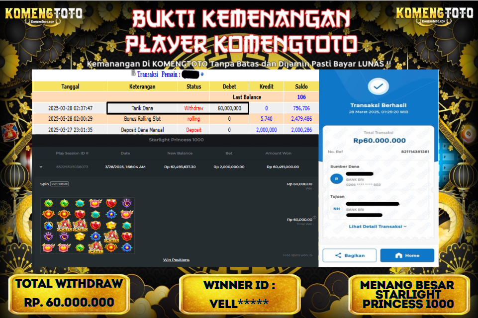 LAGI & LAGI!! KEMENANGAN BESAR DI SLOT  STARLIGHT PRINCES 1000 SEBESAR Rp.60.000.000 KOMENGTOTO BAYAR LUNAS SECEPAT KILAT !! KOMENGTOTO BAYAR SECEPAT KILAT !!