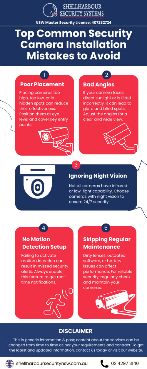 At Shellharbour Security Systems, we know that even the best security cameras won’t work effectively if installed incorrectly. From poor placement and bad angles to exposed wiring and missing night vision, small mistakes can leave your property vulnerable. For more information, visit: https://shellharboursecuritynsw.com.au/services/cctv-systems/