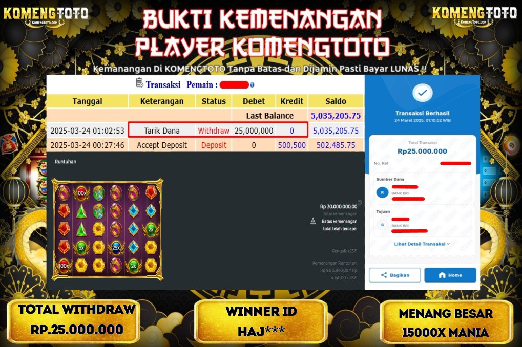 LAGI & LAGI!! KEMENANGAN BESAR DI SLOT 15000X MANIA SEBESAR Rp.25.000.000 KOMENGTOTO BAYAR LUNAS SECEPAT KILAT !! KOMENGTOTO BAYAR SECEPAT KILAT !!