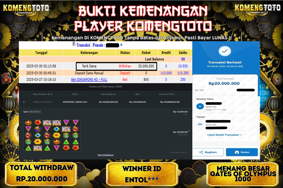 LAGI & LAGI!! KEMENANGAN BESAR DI SLOT  GATES OF OLYMPUS 1000  SEBESAR Rp.20.000.000 KOMENGTOTO BAYAR LUNAS SECEPAT KILAT !! KOMENGTOTO BAYAR SECEPAT KILAT !!