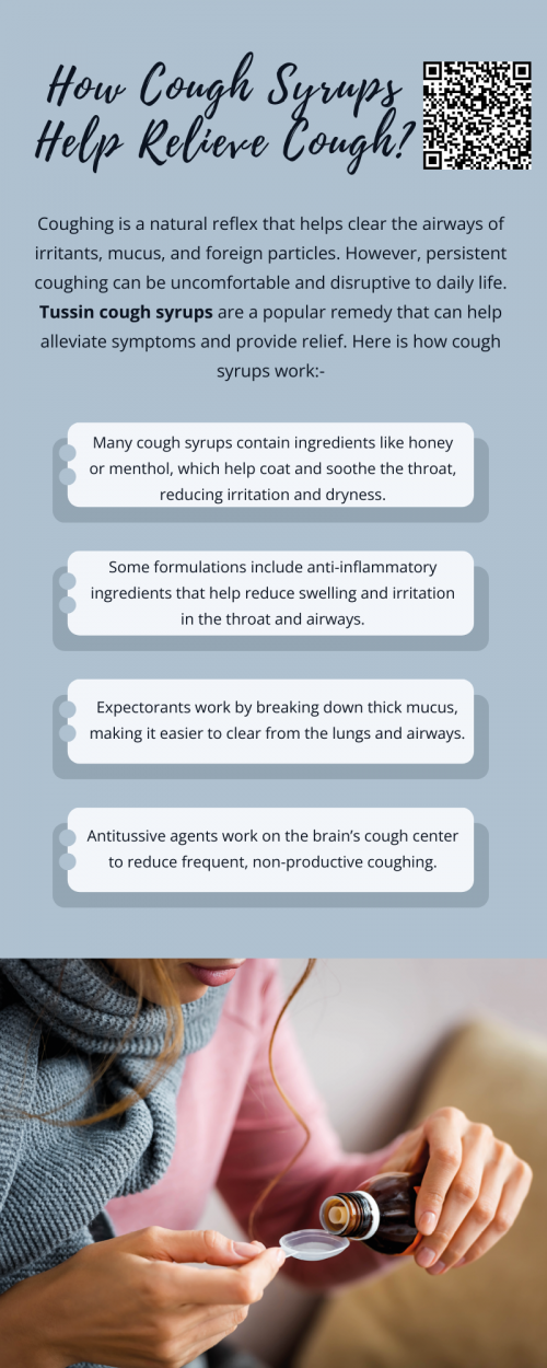 Tussin cough syrups provide relief by targeting the root cause of the cough, whether by suppressing it, loosening mucus, or reducing throat irritation. Choosing the right type based on the cough’s nature ensures effective relief and faster recovery. However, responsible use and consultation with a healthcare provider are essential for safe and effective treatment. To know more visit here https://topcarebrand.com/product-category/cough-syrup/