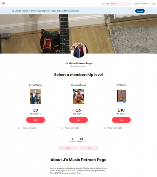 Become a patron of J’s Music Patreon Page today: Get access to exclusive content and experiences on the world’s largest membership platform for artists and creators.

Read more:- https://www.patreon.com/JMusicCovers?fan_landing=true

#OnlineMusiccreators #MusicPatreonpage #Topprofessionalguitarist #TopcreatingMusic #BestMusicplatform #artistsMusicplatform