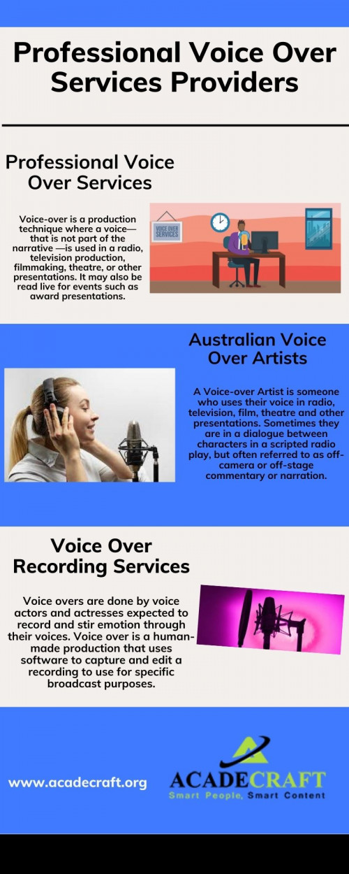 Professional Voice Over Services is a production technique where a voice—that is not part of the narrative (non-diegetic)—is used in a radio, television production, filmmaking, theatre, or other presentations. It may also be read live for events such as award presentations.
For more information visit our website :-https://www.acadecraft.org/localization/voice-over-services/