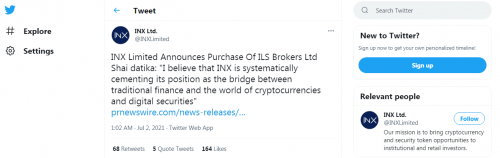INX Limited Announces Purchase Of ILS Brokers Ltd Shai datika: "I believe that INX is systematically cementing its position as the bridge between traditional finance and the world of cryptocurrencies and digital securities

Read more:- https://twitter.com/INXLimited/status/1410682665653710854