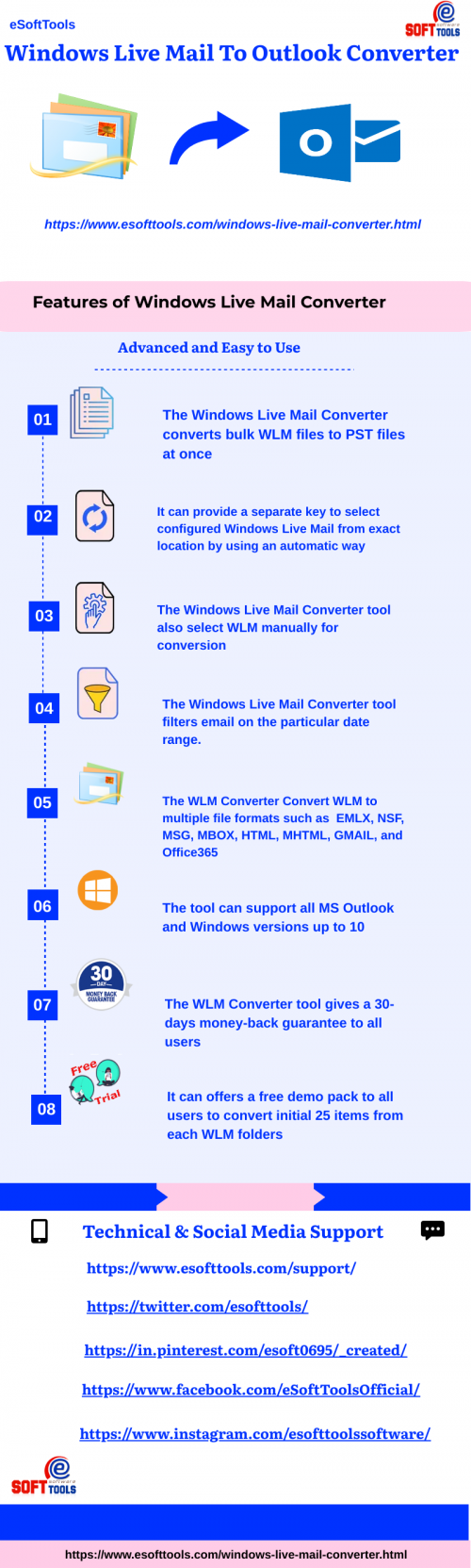 Our eSoftTools Windows Live Mail Converter convert windows live Mail  to Outlook PST files with the help of this amazing tool. Our software has advanced features, and you can save WLM files to multiple files formats such as EMLX, NSF, MSG, MBOX, HTML, MHTML, GMAIL, and Office365. The advanced software converts the bulk of Windows Live Mail EML files to Outlook PST files in a few steps. You can also use it free demo pack to convert free WLM files to Outlook.

Read More:-https://www.esofttools.com/windows-live-mail-converter.html